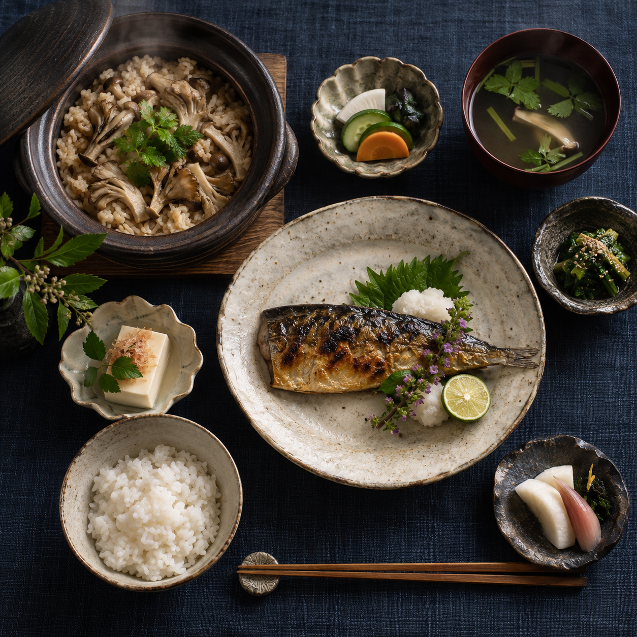 季節の焼き魚ときのこごはんの定食